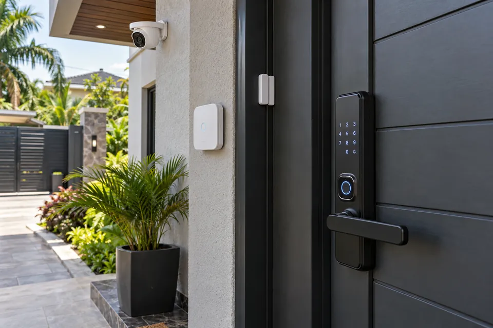 Illustrative security setup with CCTV, a home alarm and a fingerprint door lock.