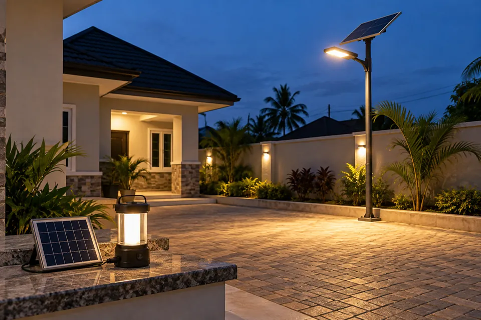 Illustrative solar compound light and portable solar lantern lighting a residential walkway.